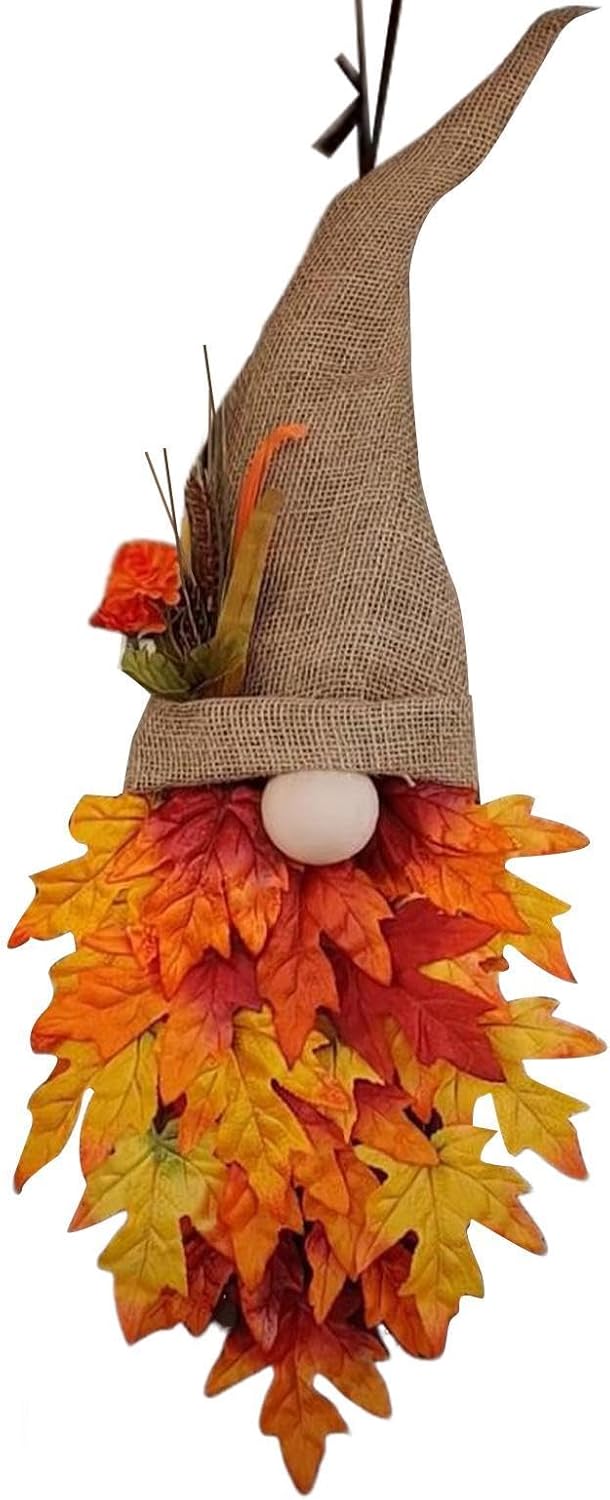 Autumn Door Wreath with Gnome & Pumpkin | 40 cm | Maple Leaves & Sunflowers | Indoor & Outdoor Decoration