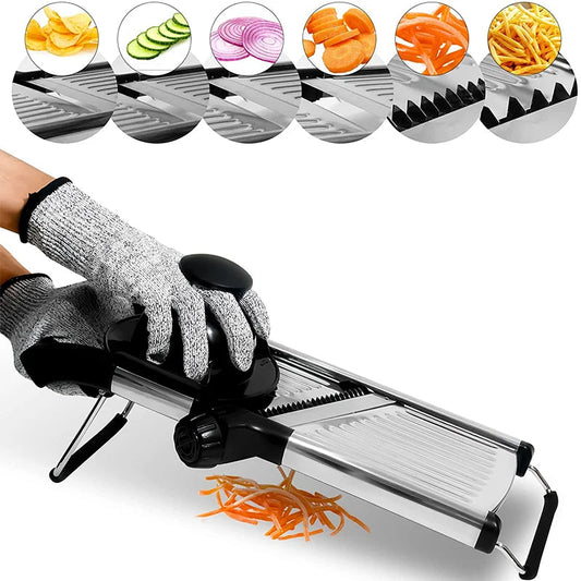 Adjustable Mandoline Vegetable Slicer | Stainless Steel Blades | Multi-Cut Thickness Settings | Non-Slip Base | With Safety Guard