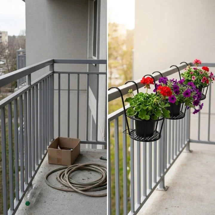 Balcony Pot Hangers | Hook-On No-Drill & Open-Grid Drainage | Set of 3