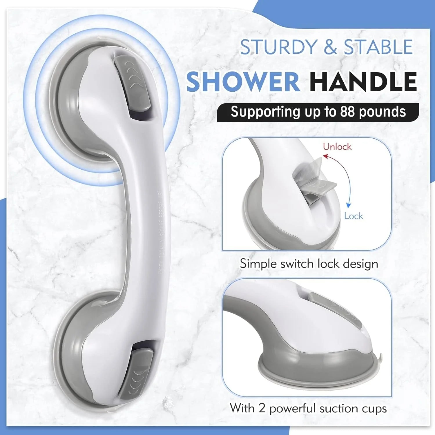 Bathroom Grab Bar | No-Drill Suction & Locking | Non-Slip Grip