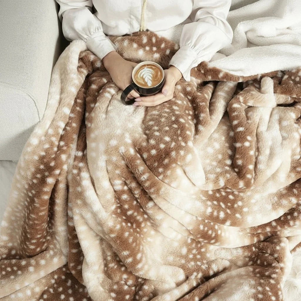Blanket | Reversible Faux Fur & Deer Motif | 100 x 150–220 x 240 cm
