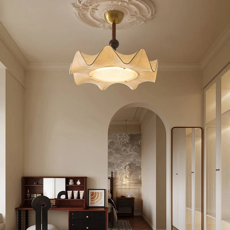 Ceiling Light | Floral Fabric Shade & Wood-Metal Frame | 50 cm Diameter