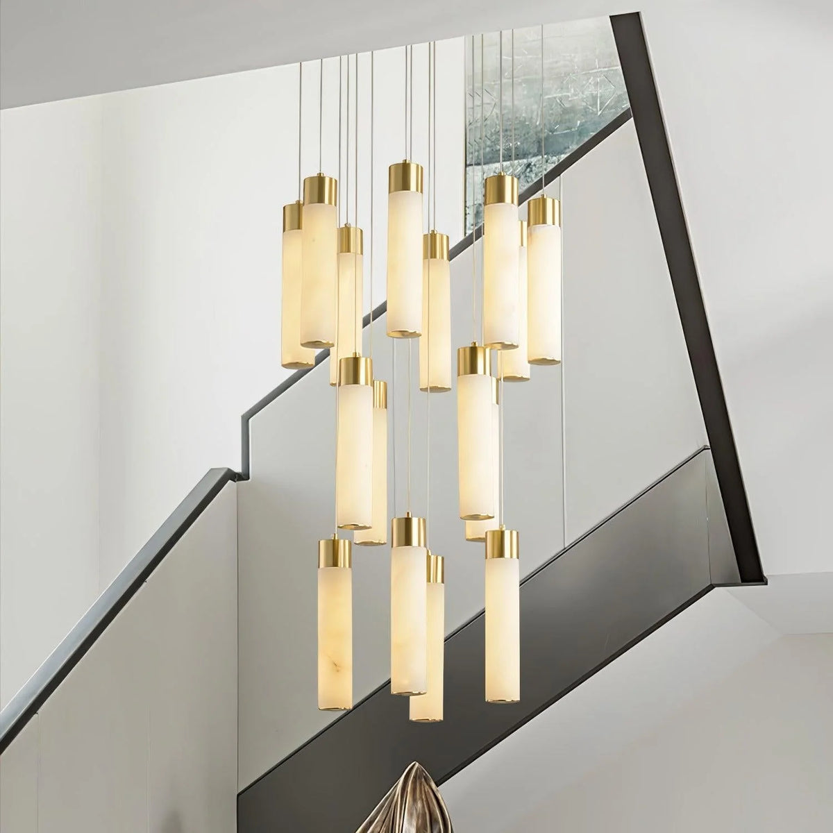 Chandelier | Cascade Alabaster Shades & Brass | Damp-Rated