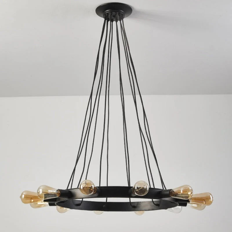 Chandelier | Vintage Geometric Ring & Black Metal Frame | 12-Bulb