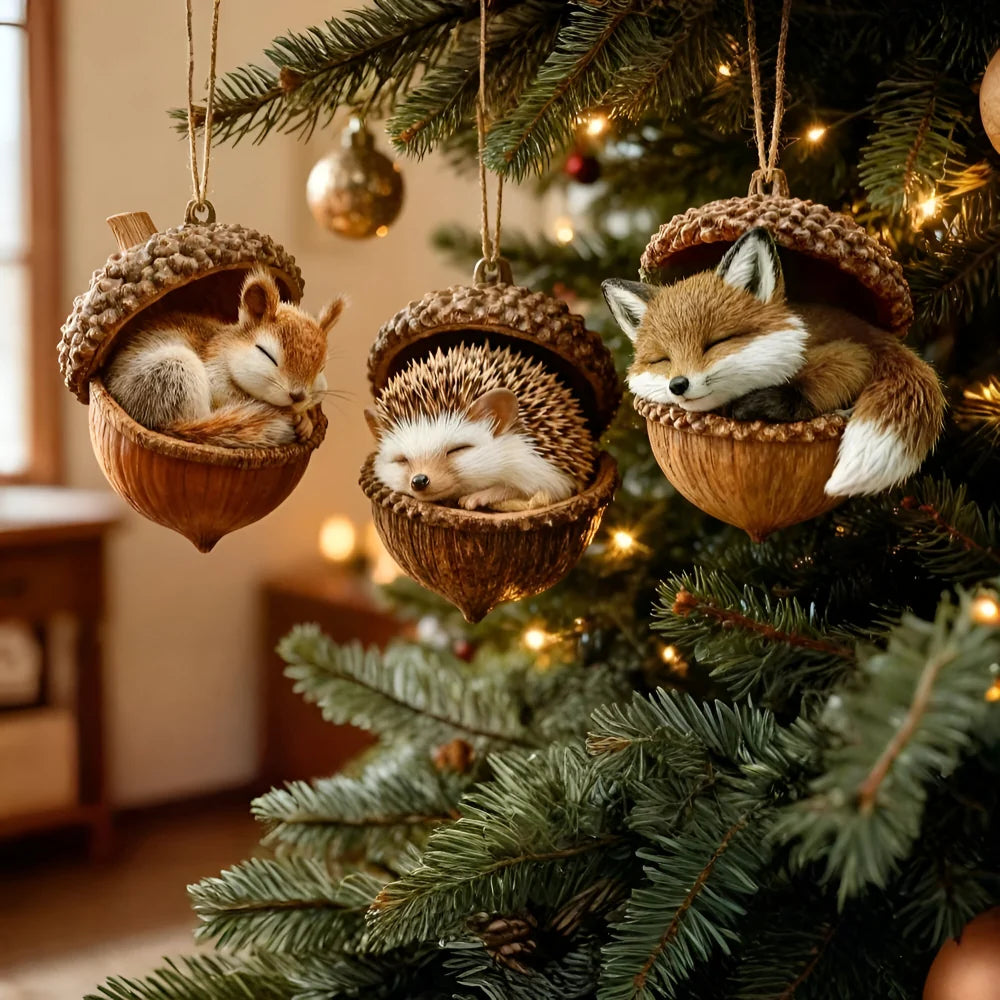 Christmas Tree Ornament with Woodland Animal Acorn Design