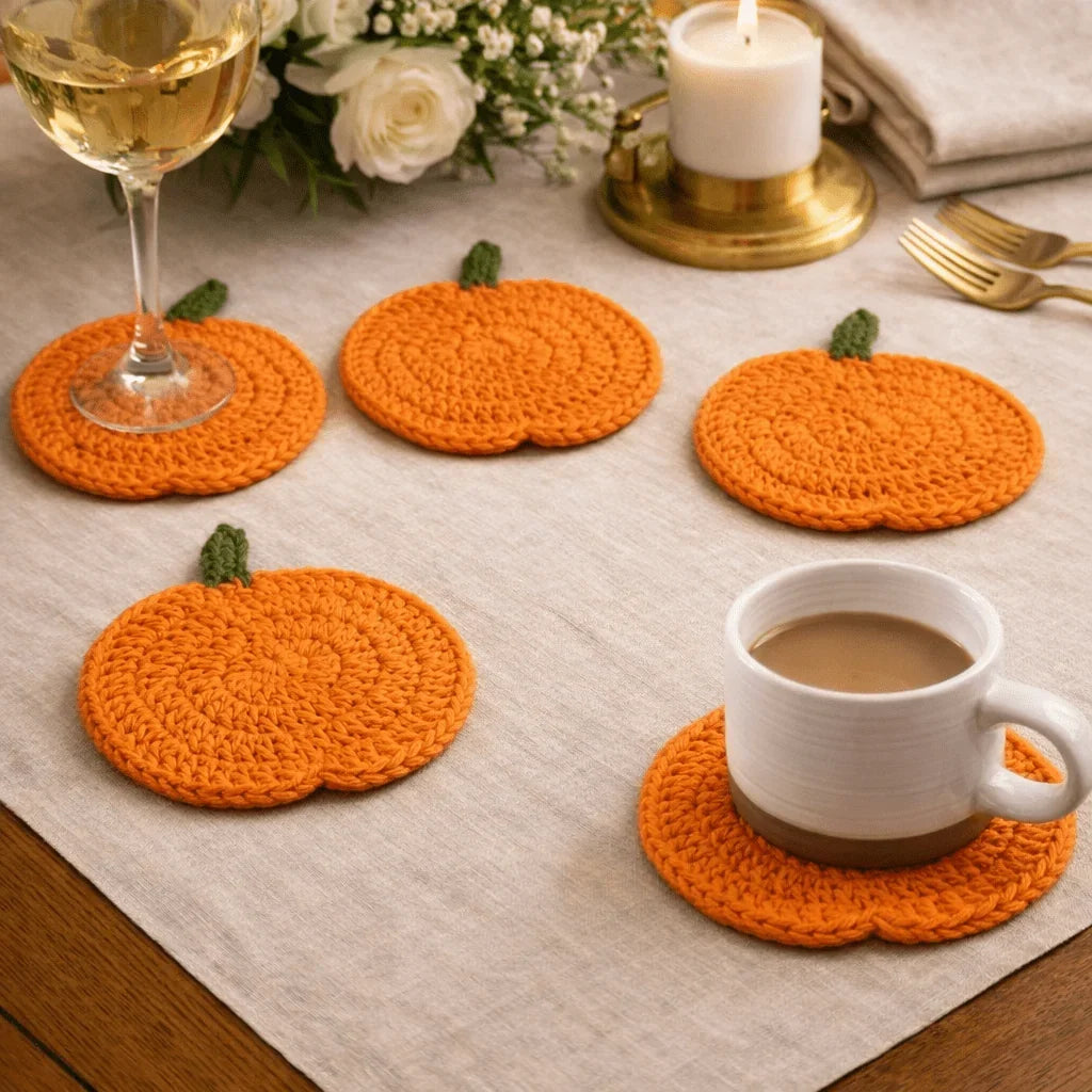Drink Coaster | Hand-Crocheted Pumpkin & Surface Protection | 10 cm Diameter