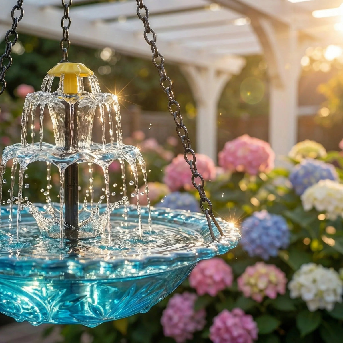 Hanging Birdbath | Solar-Powered Two-Stage Waterfall & Glass Bowl