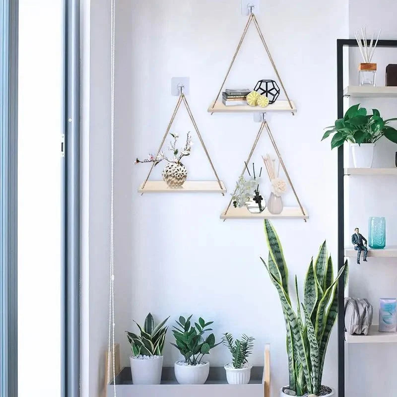 Hanging Wall Shelf | Rope-Supported & Solid Wood