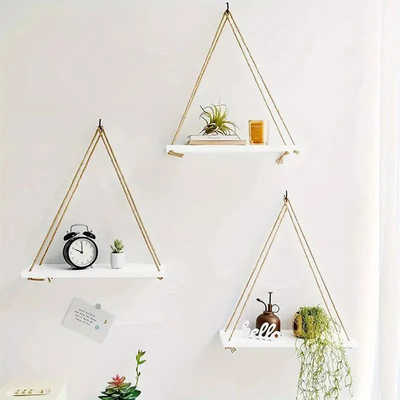 Hanging Wall Shelf | Rope-Supported & Solid Wood