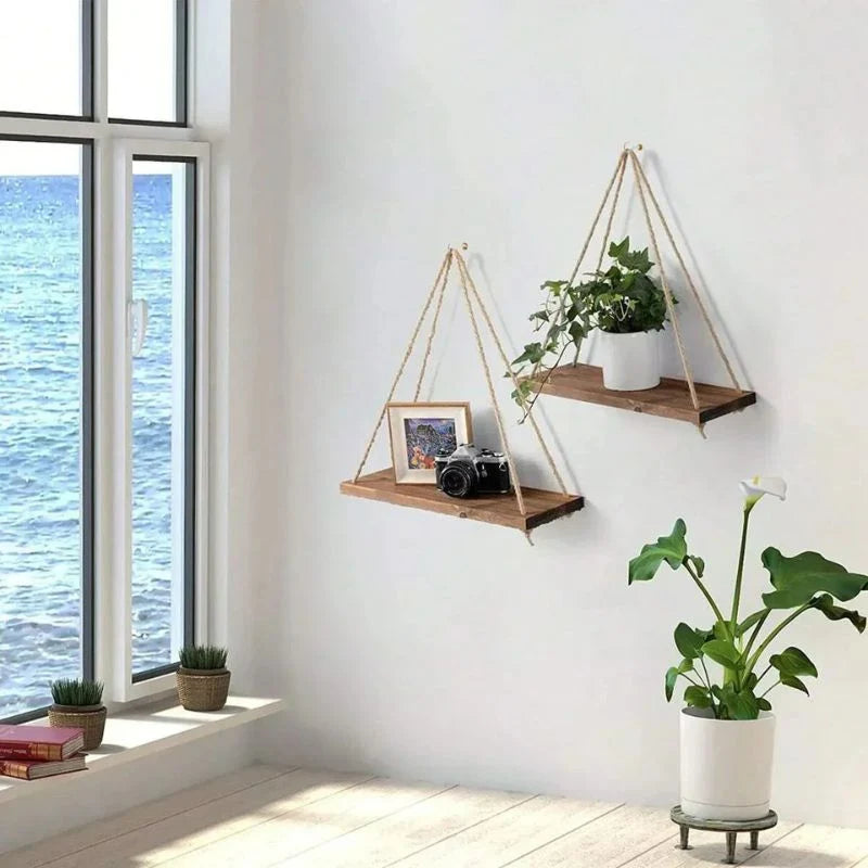Hanging Wall Shelf | Rope-Supported & Solid Wood