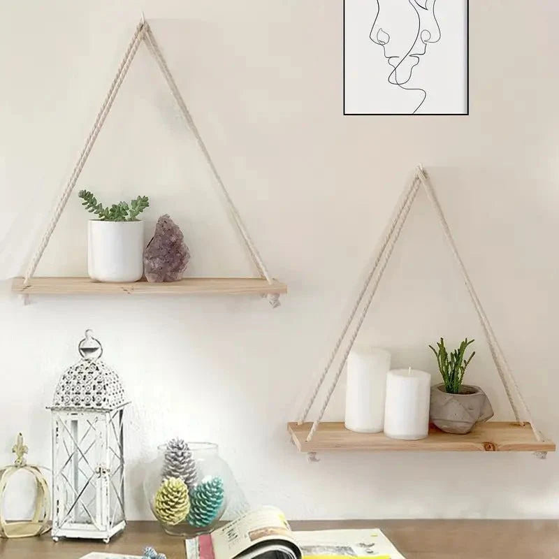 Hanging Wall Shelf | Rope-Supported Wood | Compact