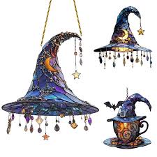 2D Witch Hat Hanging Ornament | Acrylic Light-Catching Decor | Moon & Star Design | Indoor/Outdoor