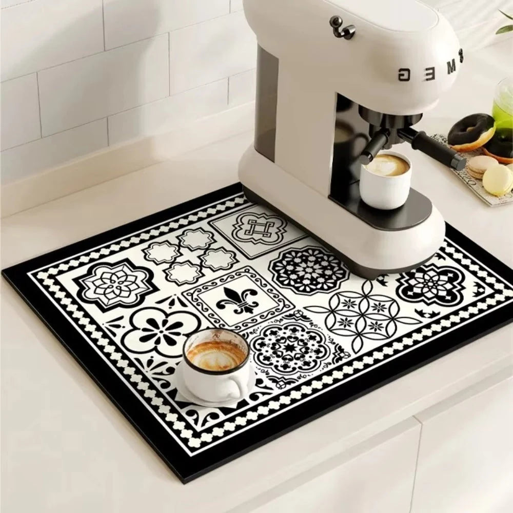 Kitchen Drying Mat | Super-Absorbent, Quick-Drying & Non-Slip | Retro Tile Pattern