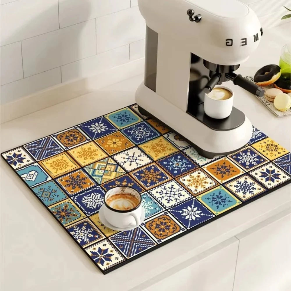 Kitchen Drying Mat | Super-Absorbent, Quick-Drying & Non-Slip | Retro Tile Pattern