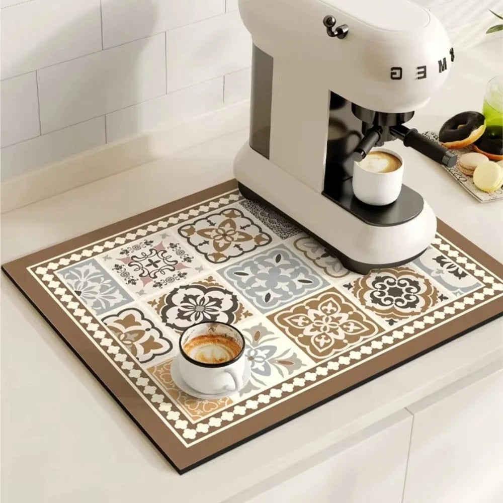 Kitchen Drying Mat | Super-Absorbent, Quick-Drying & Non-Slip | Retro Tile Pattern
