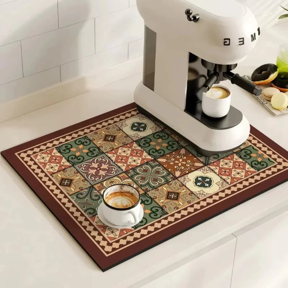 Kitchen Drying Mat | Super-Absorbent, Quick-Drying & Non-Slip | Retro Tile Pattern