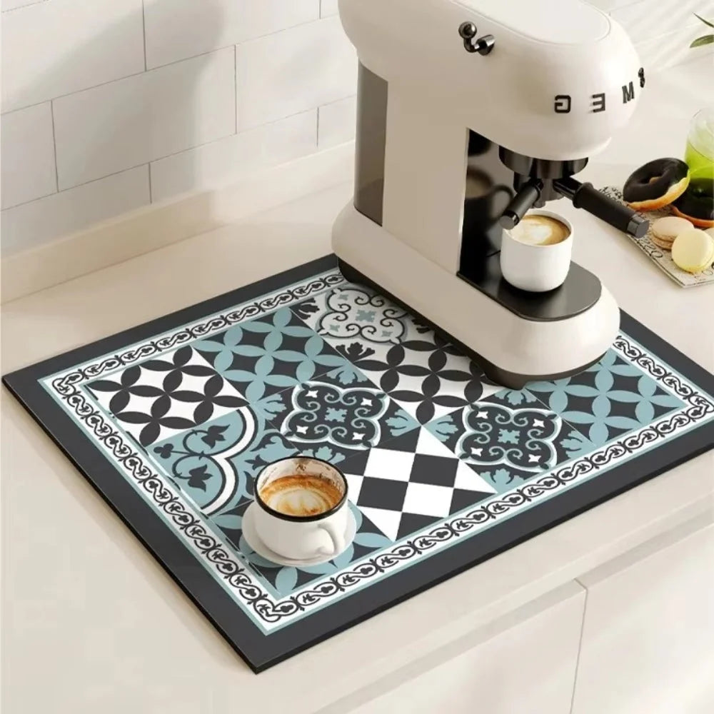 Kitchen Drying Mat | Super-Absorbent, Quick-Drying & Non-Slip | Retro Tile Pattern