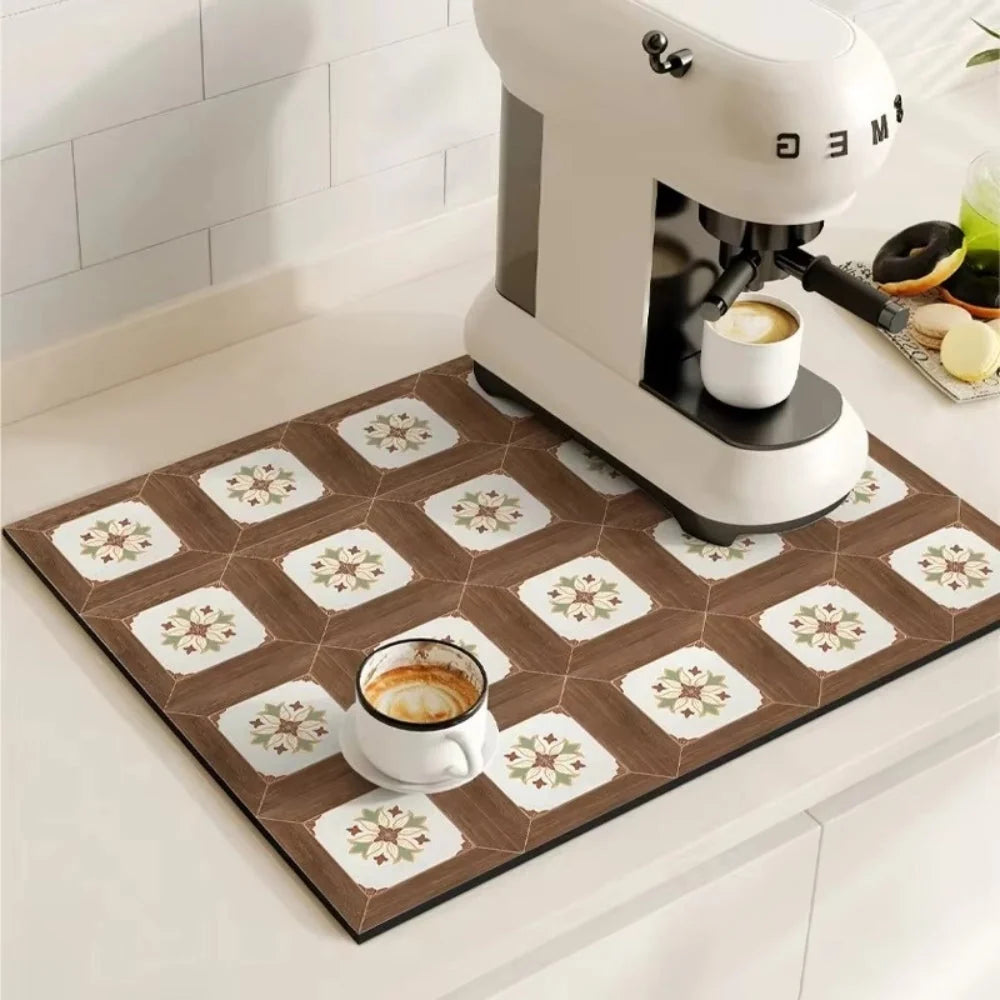 Kitchen Drying Mat | Super-Absorbent, Quick-Drying & Non-Slip | Retro Tile Pattern