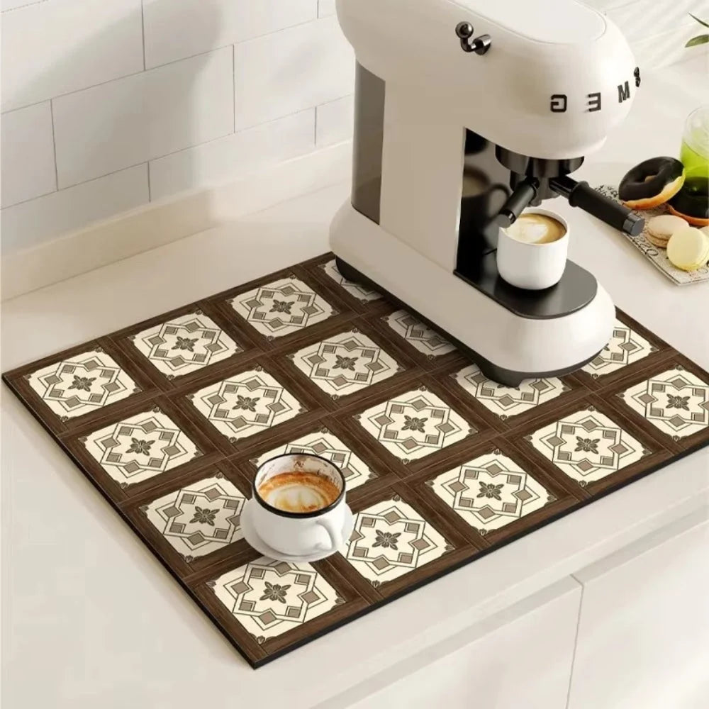 Kitchen Drying Mat | Super-Absorbent, Quick-Drying & Non-Slip | Retro Tile Pattern