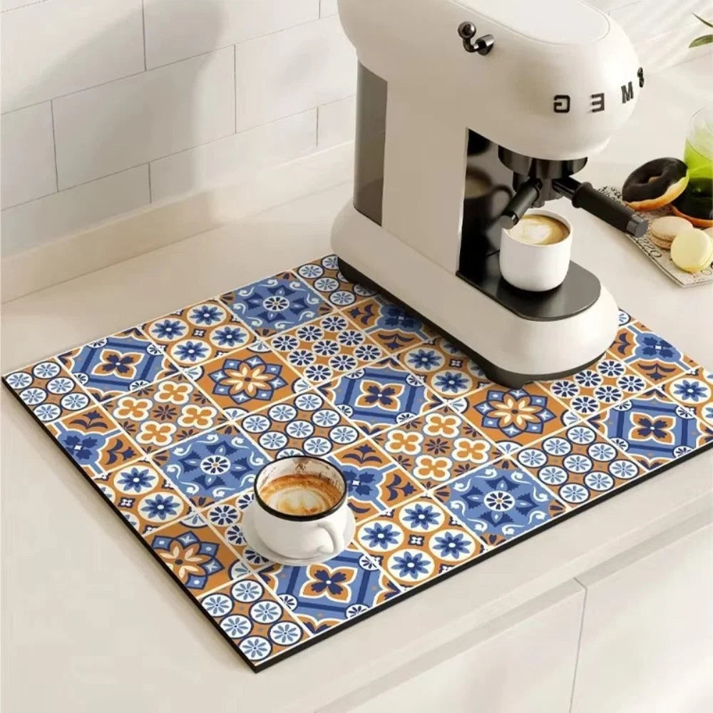 Kitchen Drying Mat | Super-Absorbent, Quick-Drying & Non-Slip | Retro Tile Pattern