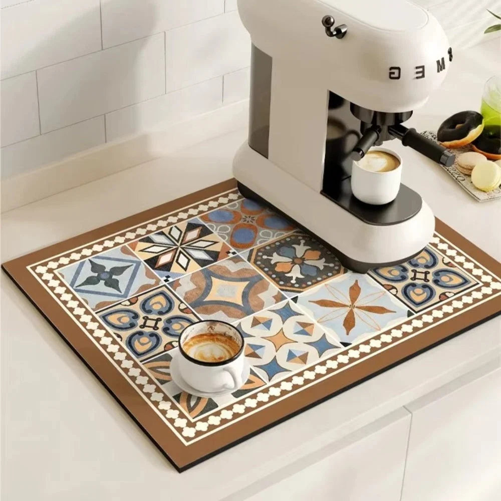 Kitchen Drying Mat | Super-Absorbent, Quick-Drying & Non-Slip | Retro Tile Pattern