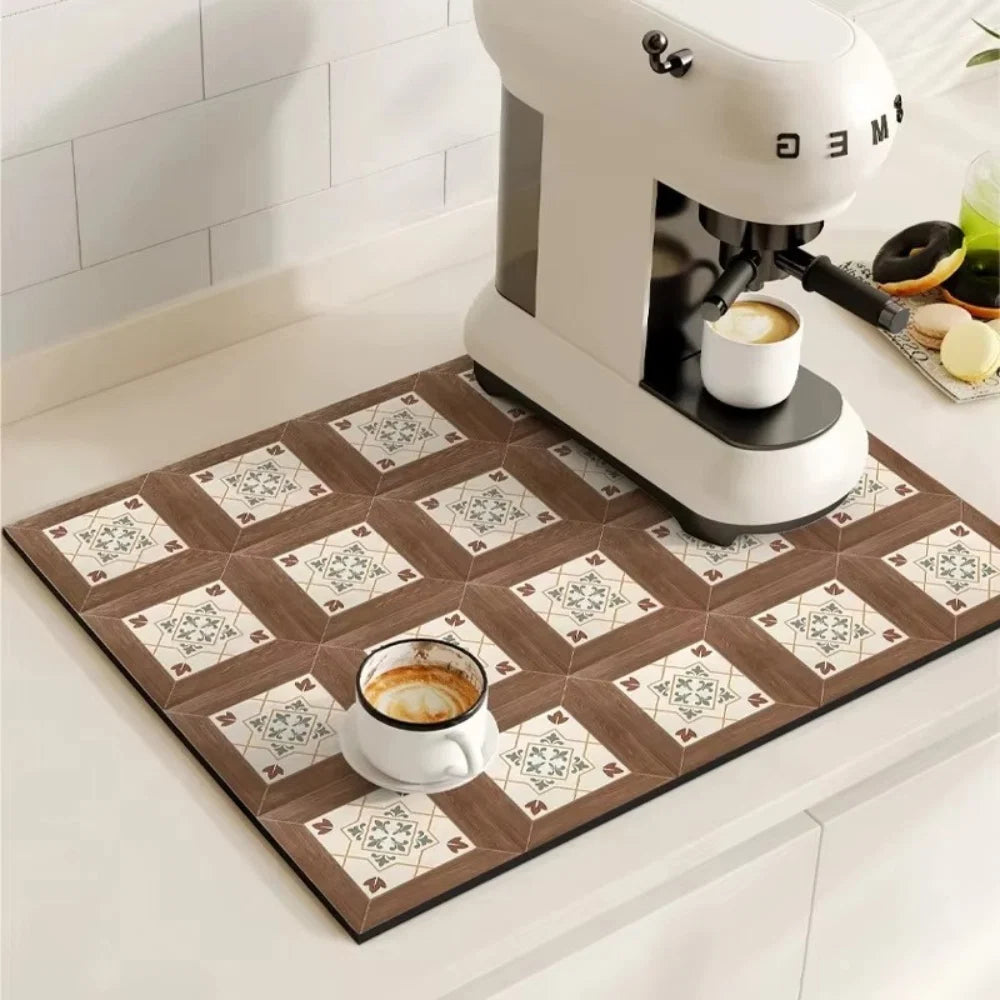 Kitchen Drying Mat | Super-Absorbent, Quick-Drying & Non-Slip | Retro Tile Pattern