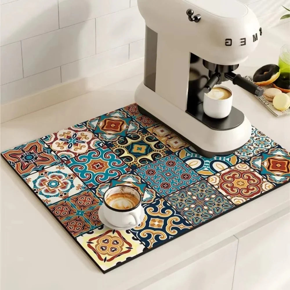 Kitchen Drying Mat | Super-Absorbent, Quick-Drying & Non-Slip | Retro Tile Pattern
