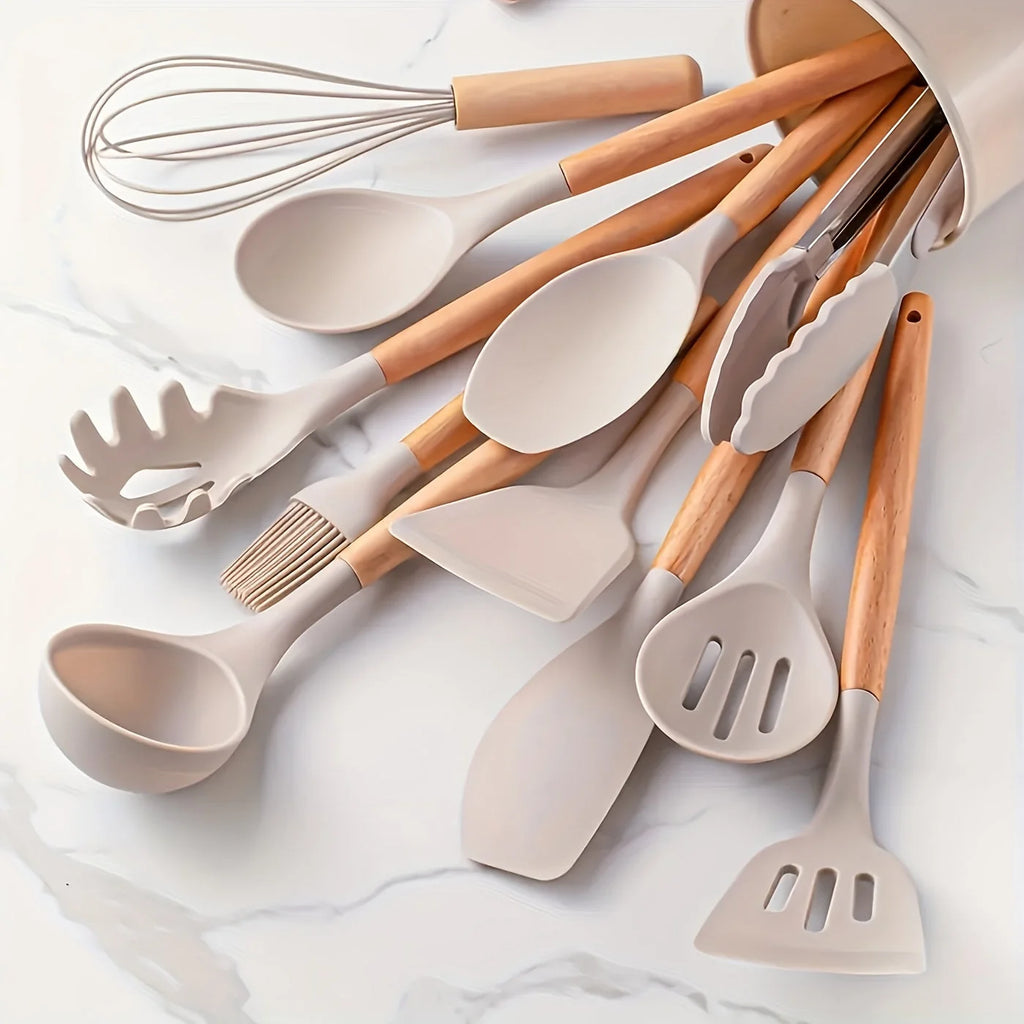 Kitchen Utensil Set | Heat-Resistant Silicone & Wooden Handles | 12-Piece