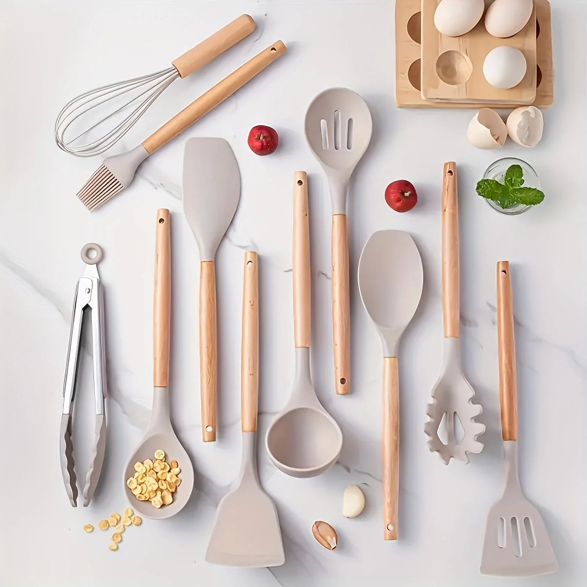 Kitchen Utensil Set | Heat-Resistant Silicone & Wooden Handles | 12-Piece