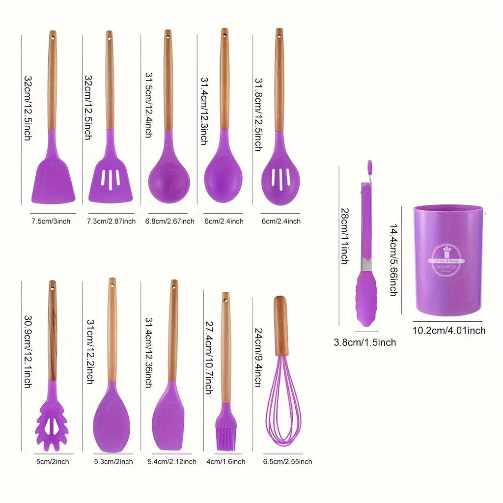 Kitchen Utensil Set | Heat-Resistant Silicone & Wooden Handles | 12-Piece