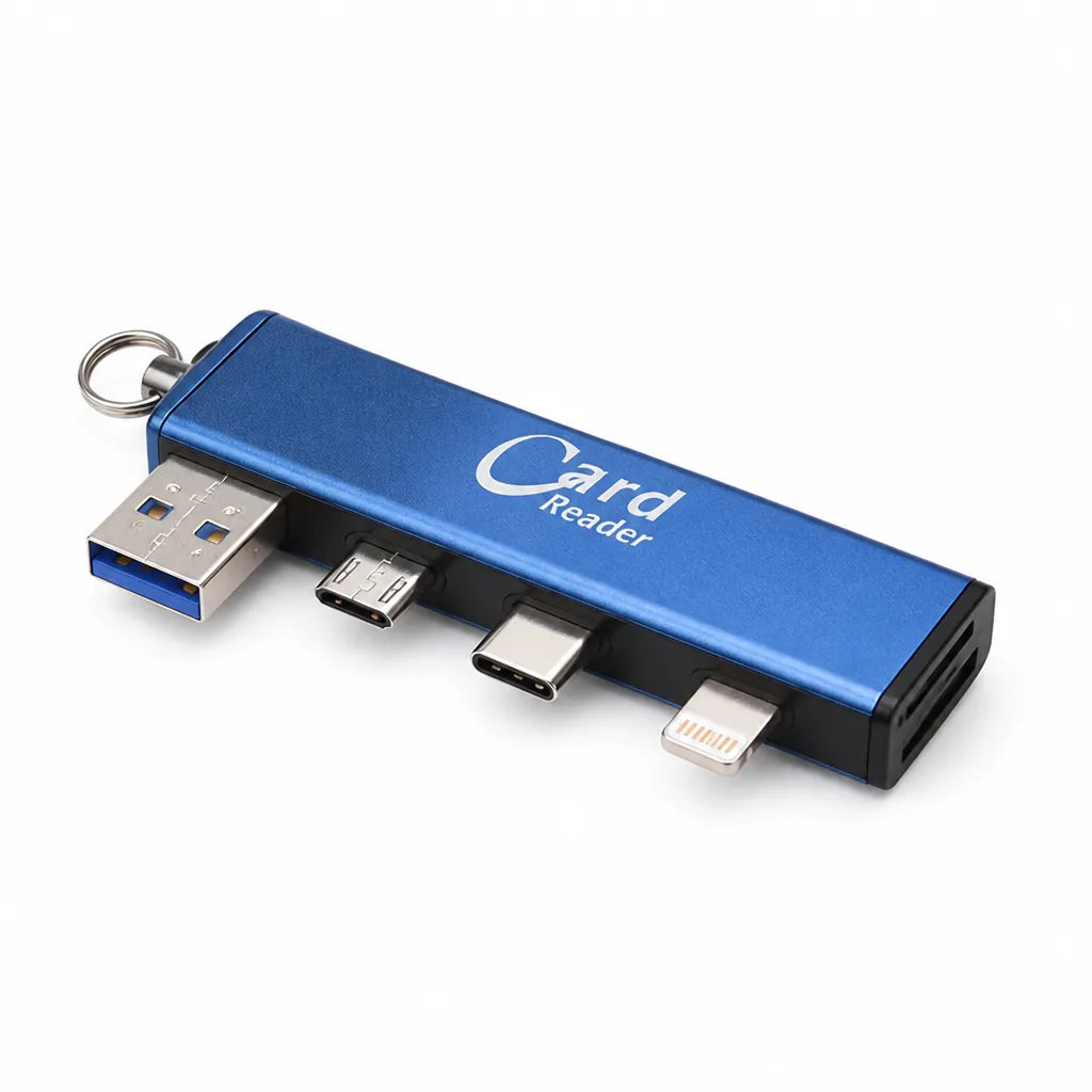 Memory Card Reader with USB, USB-C, Micro-USB and Lightning Connectors