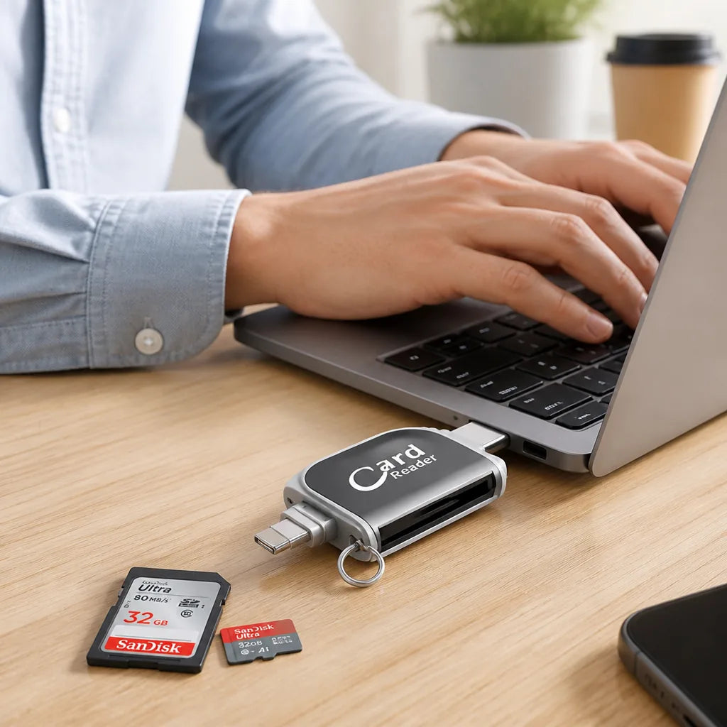 Memory Card Reader with USB, USB-C, Micro-USB and Lightning Connectors