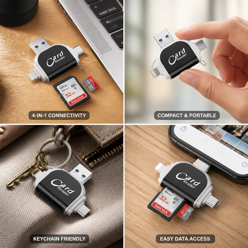 Memory Card Reader with USB, USB-C, Micro-USB and Lightning Connectors