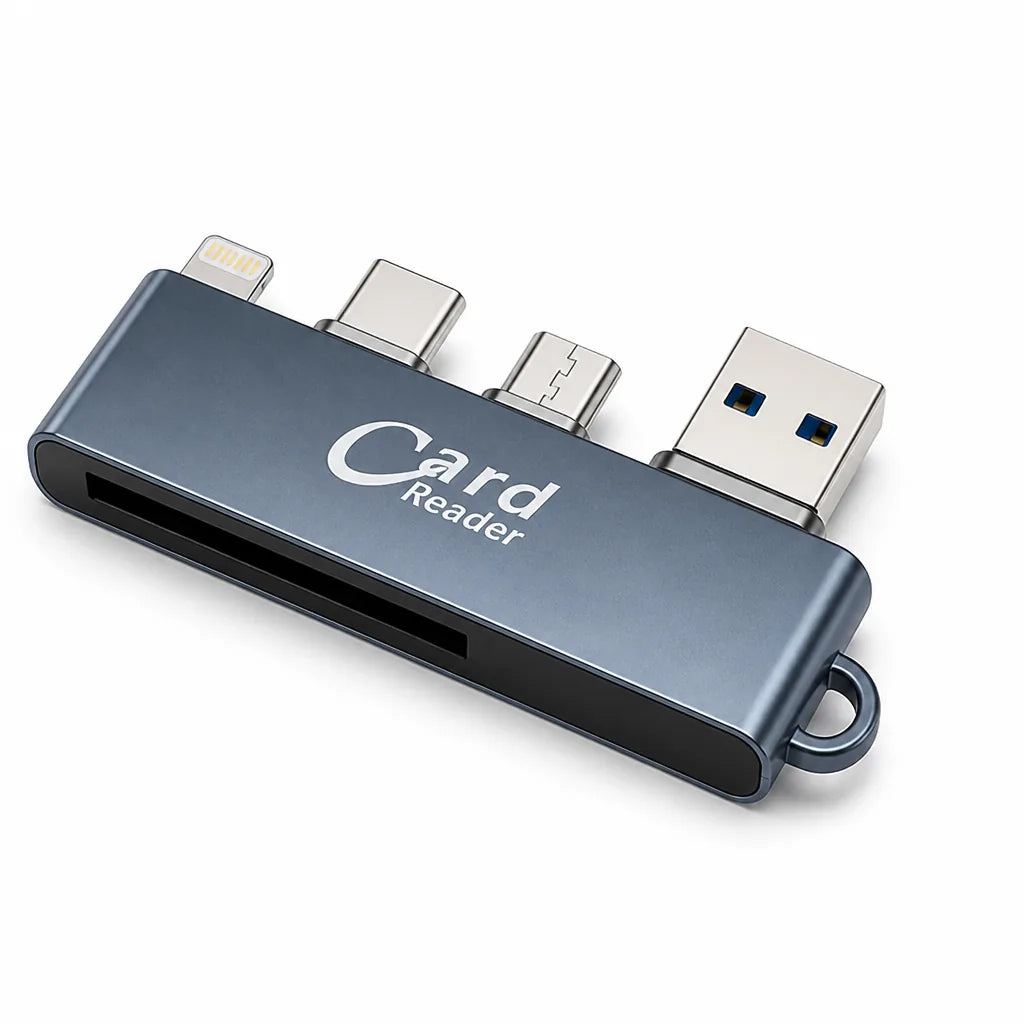 Memory Card Reader with USB, USB-C, Micro-USB and Lightning Connectors