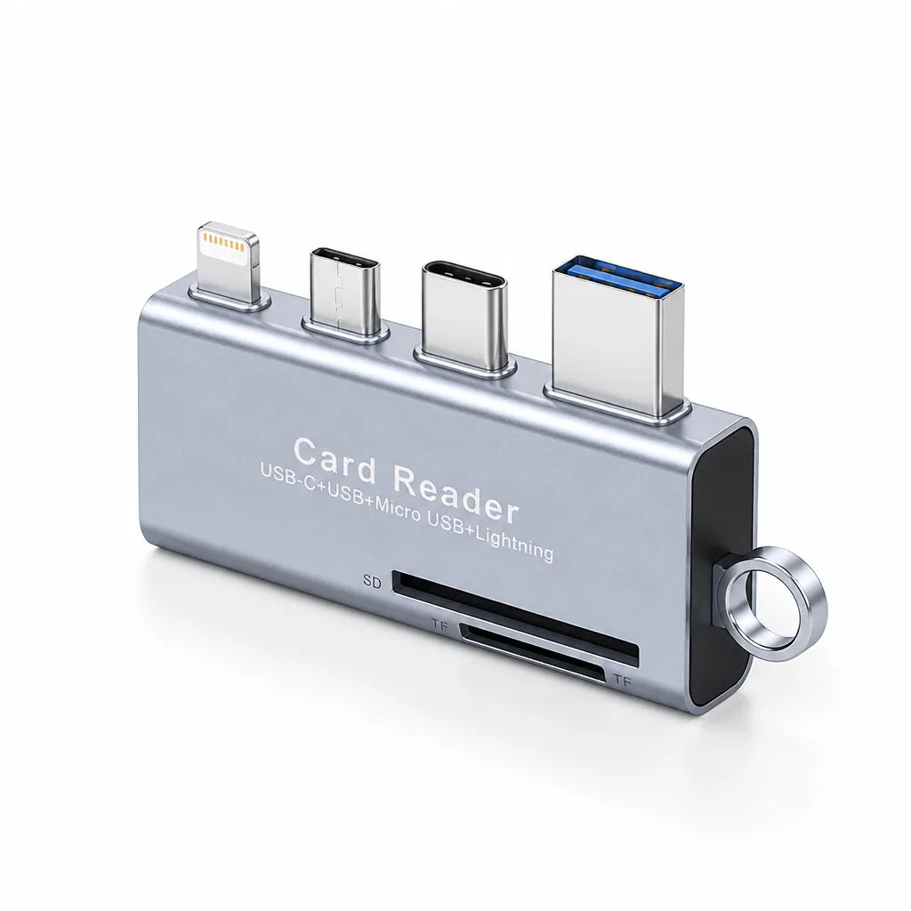 Memory Card Reader with USB, USB-C, Micro-USB and Lightning Connectors