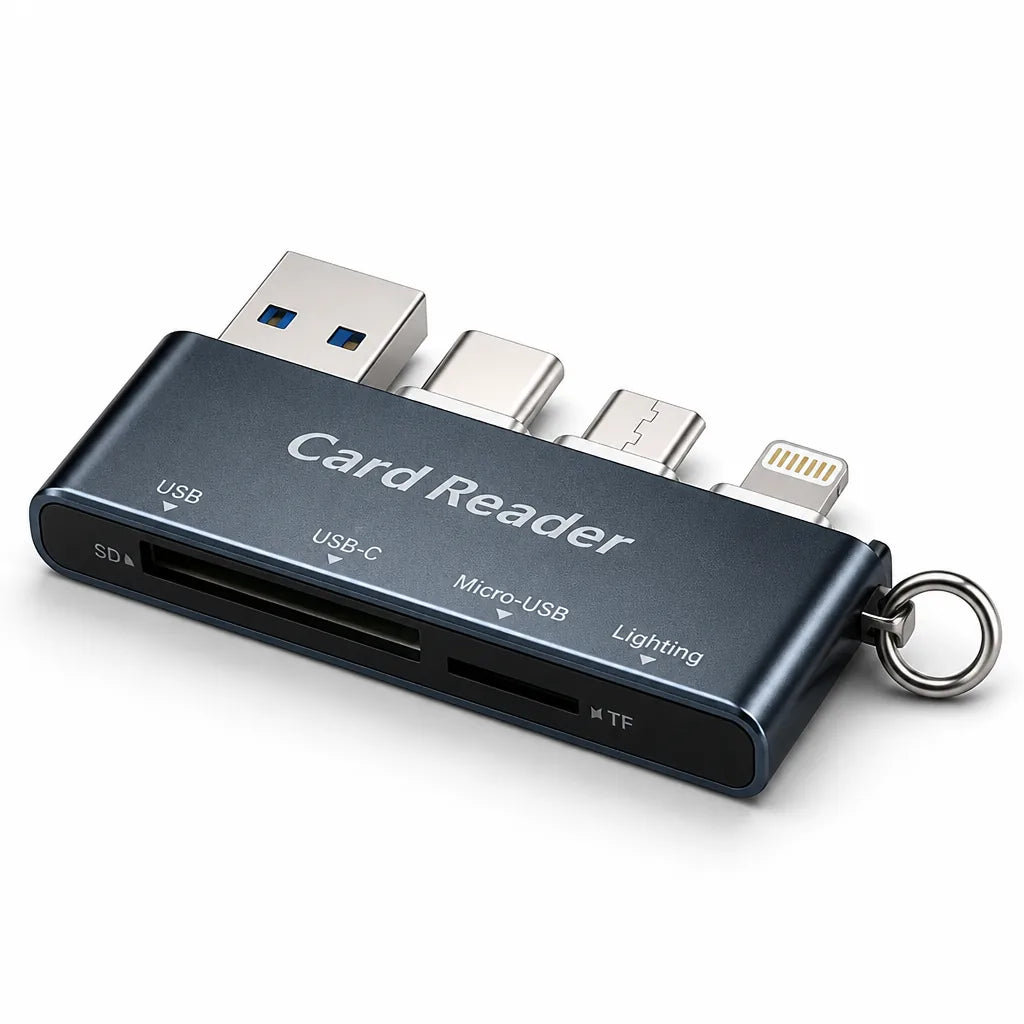 Memory Card Reader with USB, USB-C, Micro-USB and Lightning Connectors