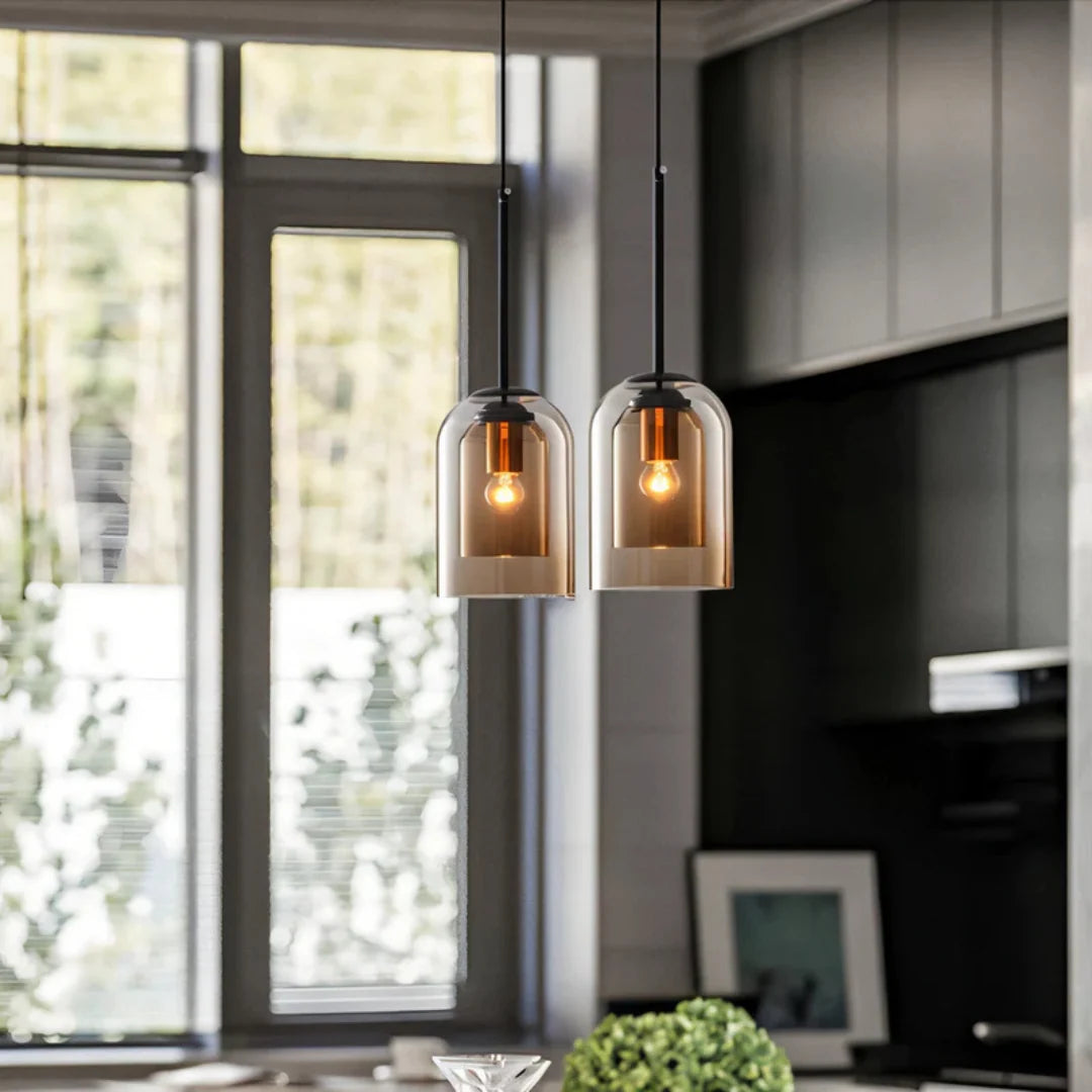 Pendant Lamp | Double Glass Shade, Amber & Smoke Glass | E27 Socket