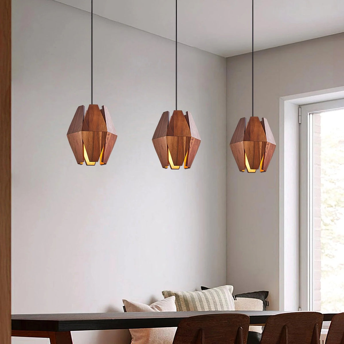 Pendant Lamp | Geometric Wood Shade & Metal Fixture | Dimmer Compatible