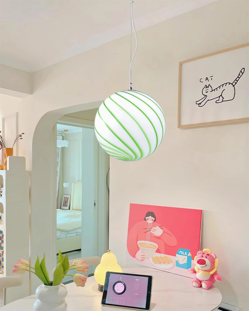Pendant Lamp | Green Swirl Glass Globe | 30 cm