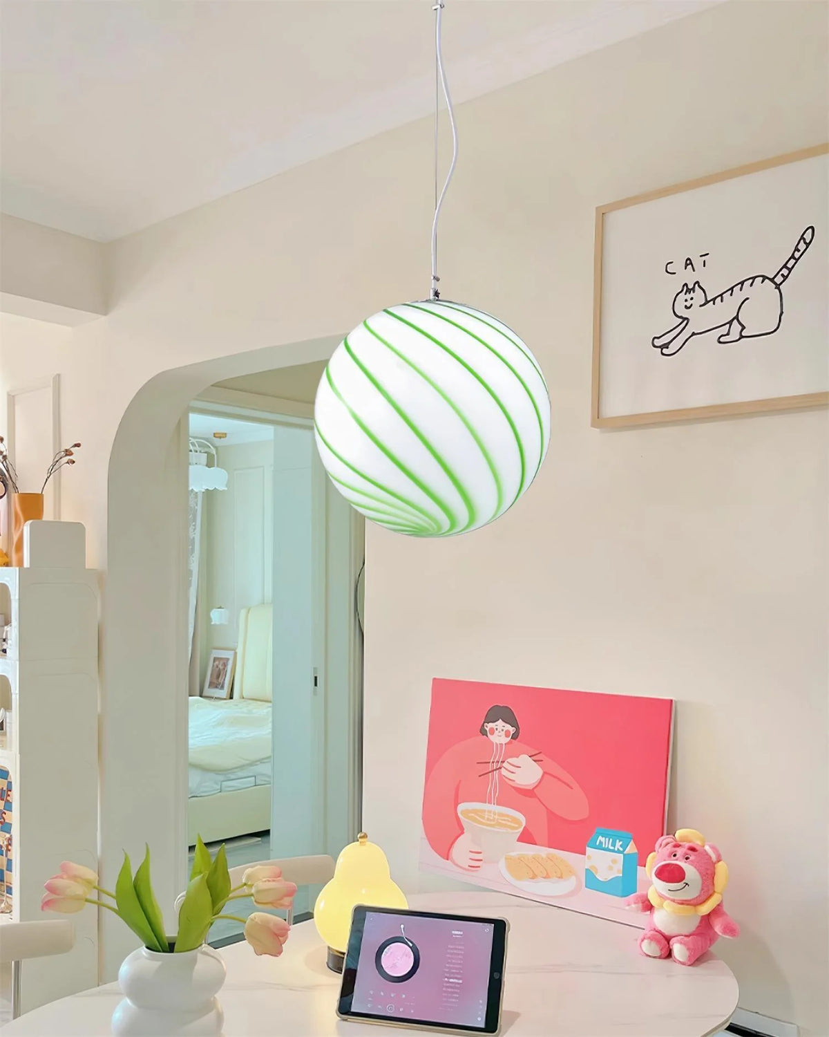 Pendant Lamp | Green Swirl Glass Globe | 30 cm