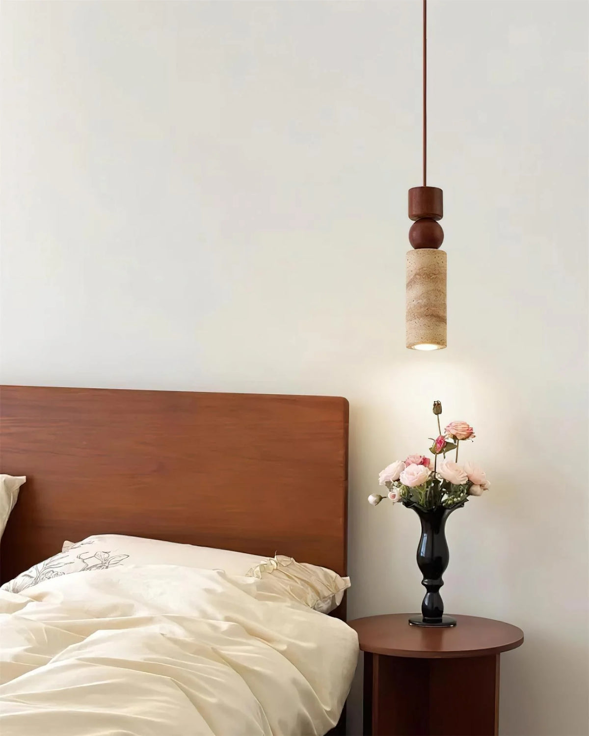 Pendant Lamp | Wood & Travertine Nordic Minimalist | 28 cm Height