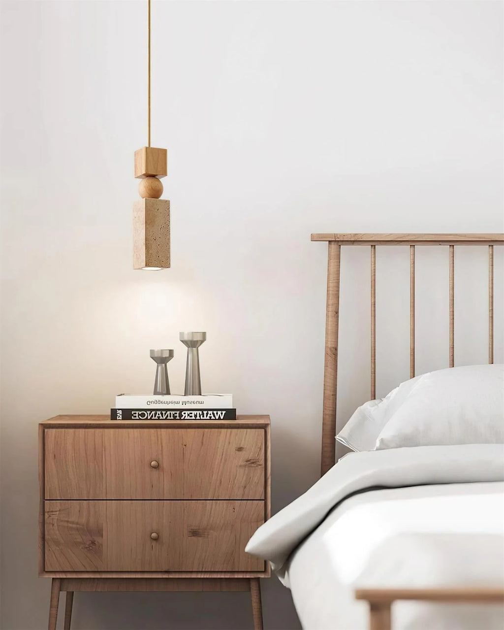 Pendant Lamp | Wood & Travertine Nordic Minimalist | 28 cm Height