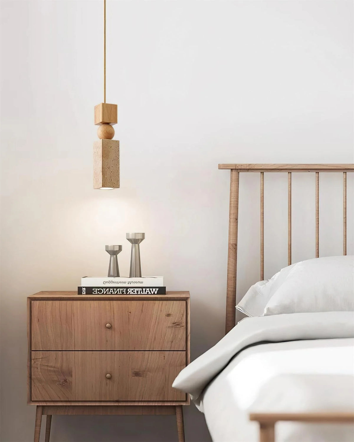 Pendant Lamp | Wood & Travertine Nordic Minimalist | 28 cm Height