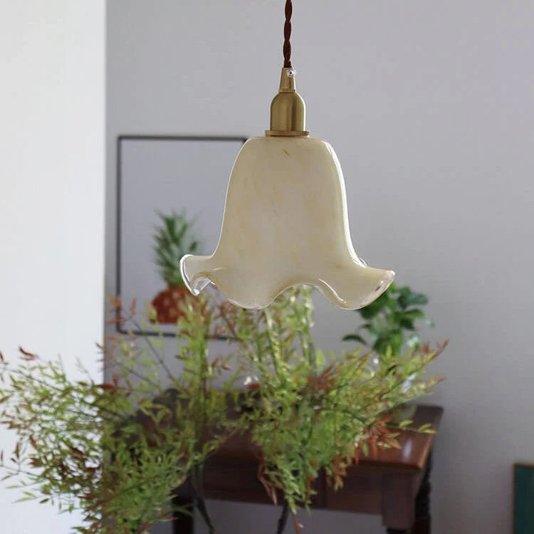 Pendant Light | Brass & Floral Glass Shade | 200 cm Cord