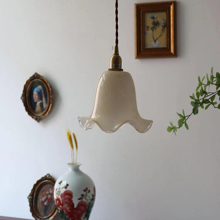 Pendant Light | Brass & Floral Glass Shade | 200 cm Cord