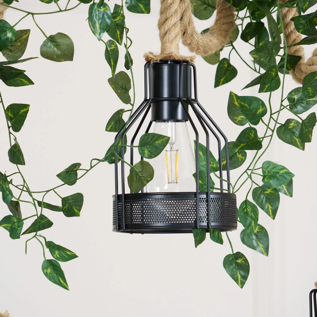 Pendant Light | Hemp Rope & Metal Frame | Adjustable Cord