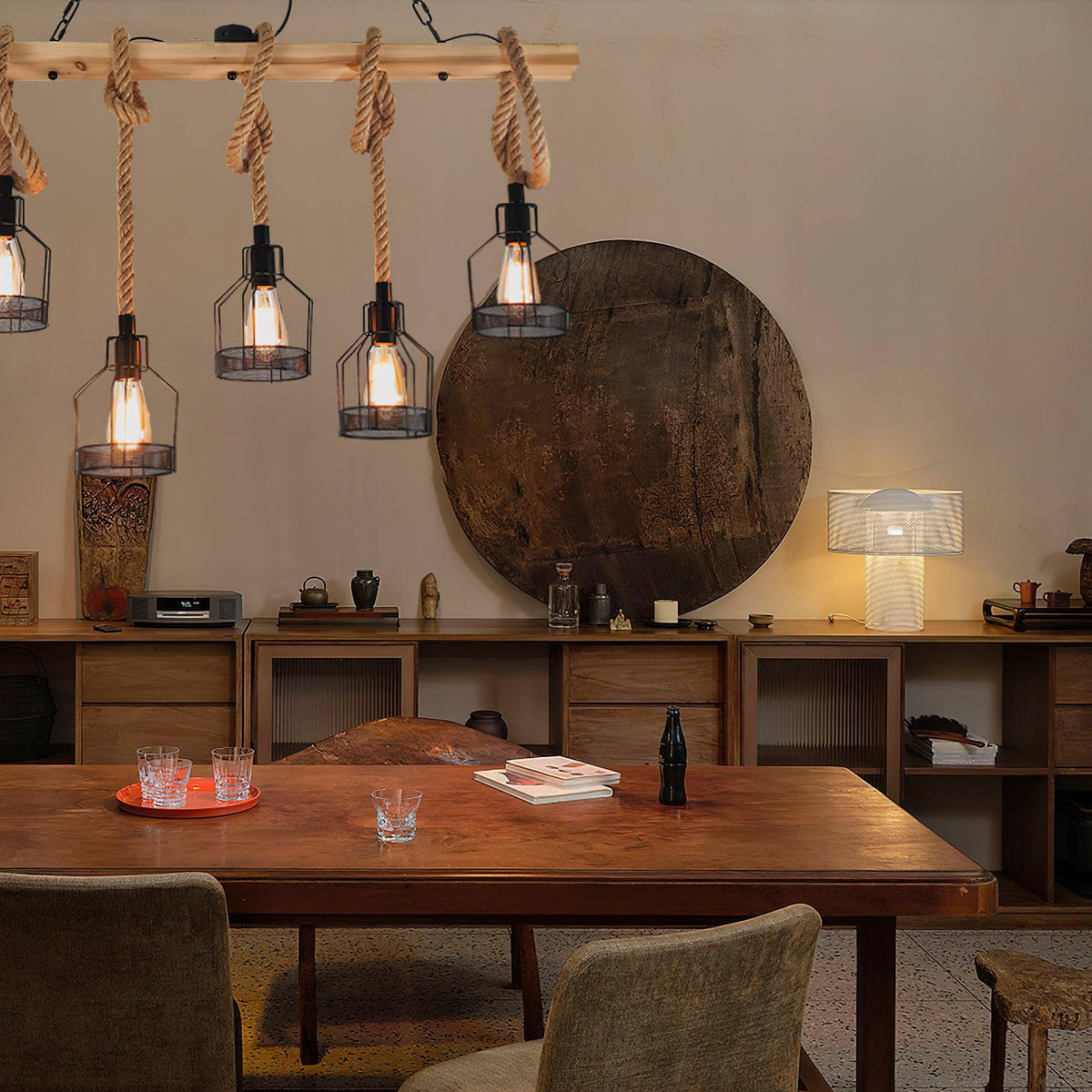 Pendant Light | Hemp Rope & Metal Frame | Adjustable Cord