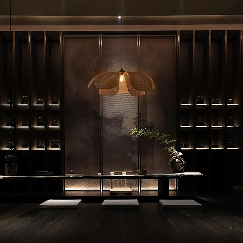 Pendant Light | Metal & Rattan Petal Shade | Bulb Included