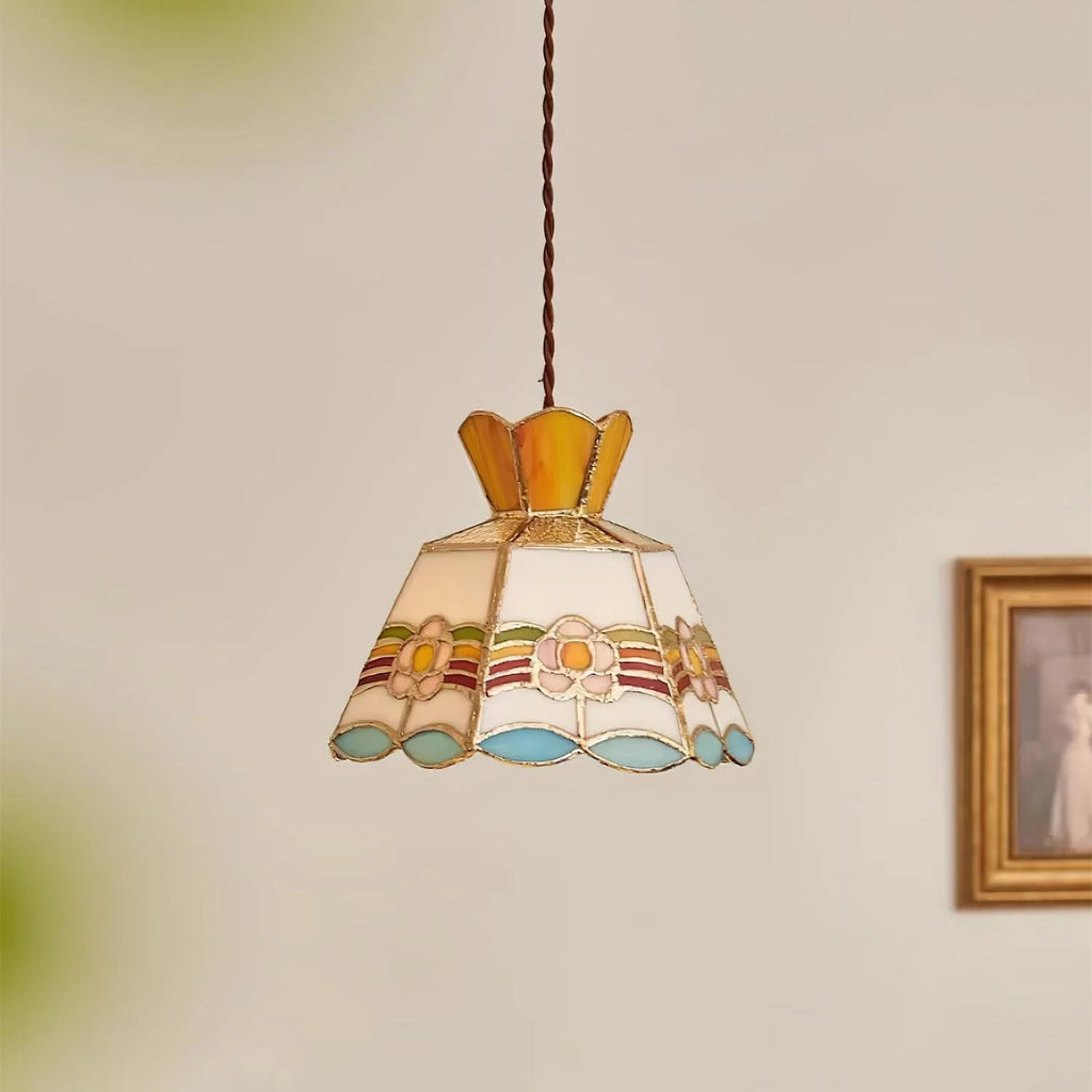 Pendant Light | Stained Glass Floral Shade & Metal Frame | Adjustable 59-Inch Cord