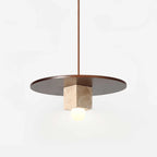 Pendant Light | Yellow Travertine Disc & Walnut Accents | 30 cm
